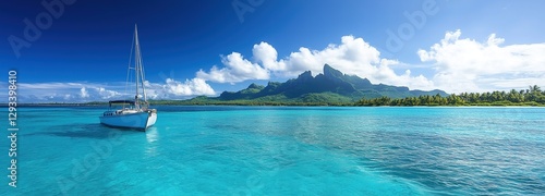 Beautiful turquoise ocean with a white boat and blue sky panorama on a tropical island