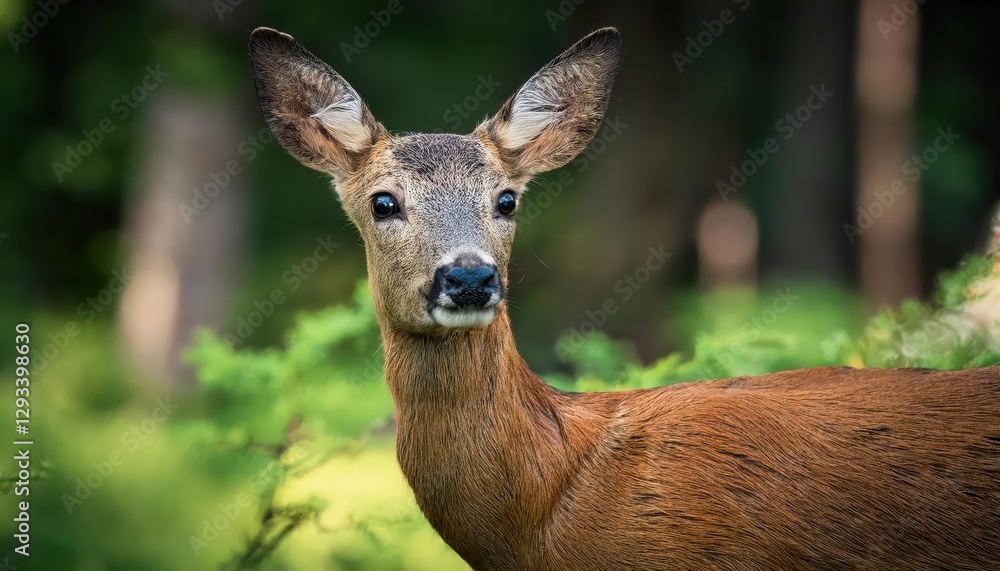 Intriguing Closeup of a Curious Roe Deer Amidst the Lush Mossy Forest, Capturing the Wild Whimsical Charm of Natures Enchanting Mystery. Intriguing Closeup of a Curious Roe Deer Amidst the Lush Mossy Forest, Capturing the Wild Whimsical Charm of Natures Enchanting Mystery.