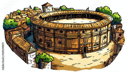 Vector comic hand-drawn illustration of the Globe Theatre. The Globe Theatre in London