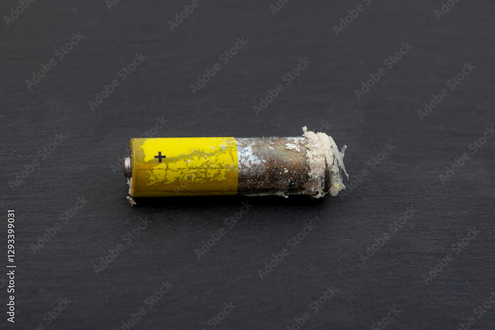 Obraz premium A worn-out electric battery. Oxidized and Leaked electric battery with white powder hydroxide or carbonate. This powder can be caustic and irritate skin and mucous membranes