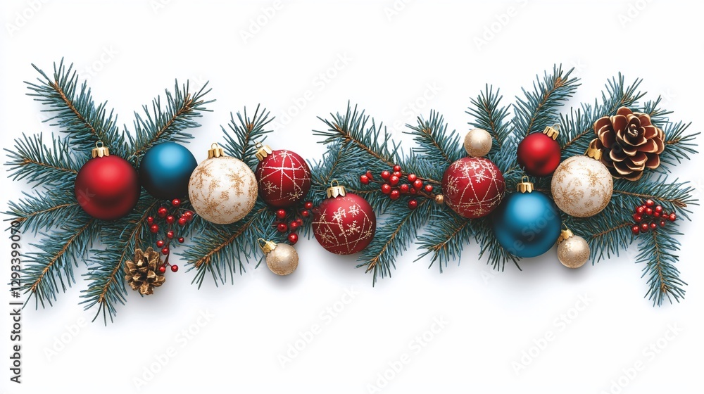 Fototapeta premium Festive Christmas garland with ornaments, pine, berries