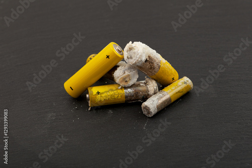 Used batteries with expired shelf life. Old oxidized and leaking batteries, leakage of alkaline electrolyte. Dangerous caustic white powder. Problems of electronic waste recycling
