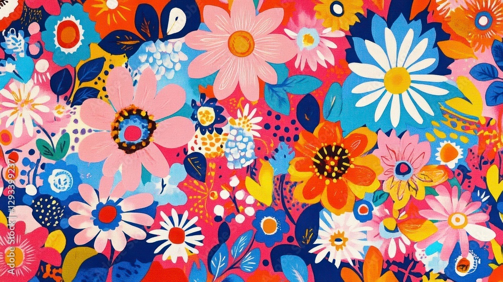 A vibrant and colorful pattern featuring bold, abstract shapes in pink, orange, blue, yellow, red, and white on an isolated background. The design includes various floral elements like leaves A vibrant and colorful pattern featuring bold, abstract shapes in pink, orange, blue, yellow, red, and white on an isolated background. The design includes various floral elements like leaves