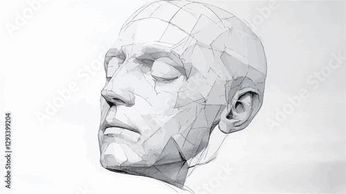 The image is a close-up grayscale graphite drawing of a human head in profile view.  The drawing shows a detailed rendering of facial features and head structure, with visible shading and lines