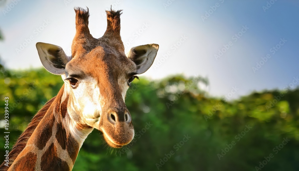 Striking Portrait of a Giraffe Amongst Lush Greenery, Captivating Audience with Intense Gaze and Vibrant Surroundings Striking Portrait of a Giraffe Amongst Lush Greenery, Captivating Audience with Intense Gaze and Vibrant Surroundings