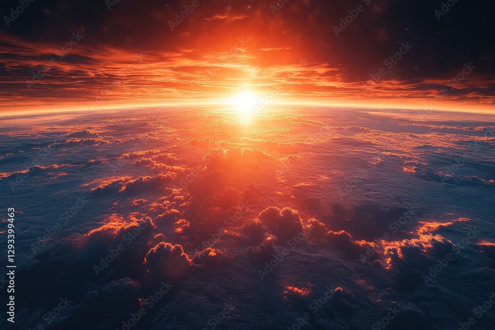 Fototapeta premium Stunning sunrise over planet Earth showcasing vibrant colors and dramatic clouds in the atmosphere
