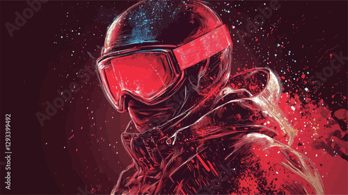 A stylized close-up portrait of a snowboarder wearing a red helmet and goggles. The image is digitally enhanced with a red color palette, showcasing a dynamic and energetic composition.  There is a