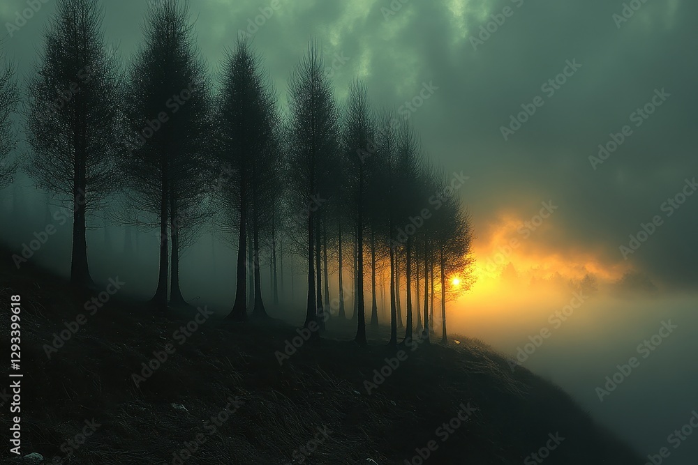 Sunset behind misty trees creates a serene atmosphere in a twilight landscape Sunset behind misty trees creates a serene atmosphere in a twilight landscape