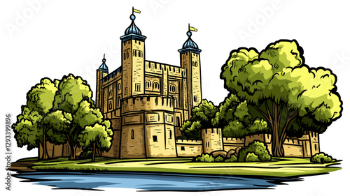Vector comic hand-drawn illustration of Tower of London. Tower of London