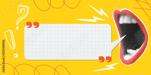 Trendy halftone collage banner with screaming mouth and speech bubble. Social media retro poster with space for your text. Advertising banner for sale, promotion and marketing. News announcement