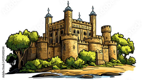 Vector comic hand-drawn illustration of Tower of London. Tower of London