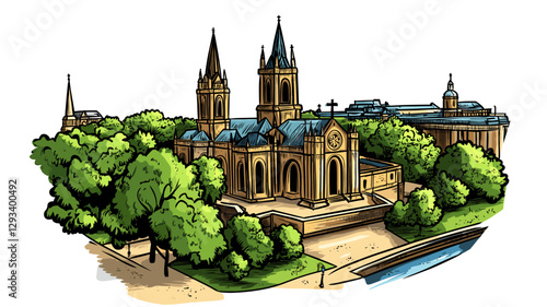 Vector comic hand-drawn illustration of Westminster Abbey. Westminster Abbey in London
