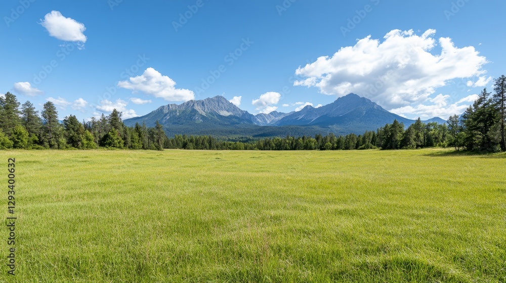 Obraz premium Expansive Green Field with Majestic Mountains Under Blue Sky