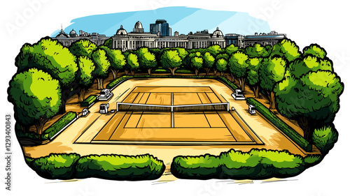 Vector comic hand-drawn illustration of Wimbledon Tennis Complex. Wimbledon Tennis Complex in London
