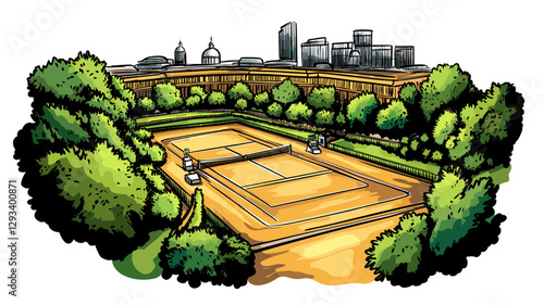 Vector comic hand-drawn illustration of Wimbledon Tennis Complex. Wimbledon Tennis Complex in London