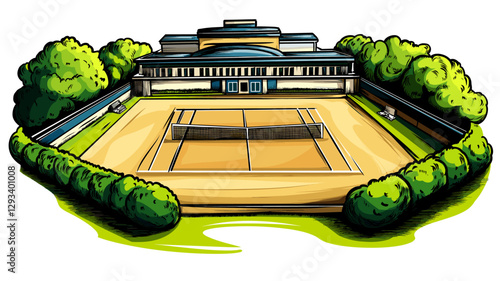 Vector comic hand-drawn illustration of Wimbledon Tennis Complex. Wimbledon Tennis Complex in London