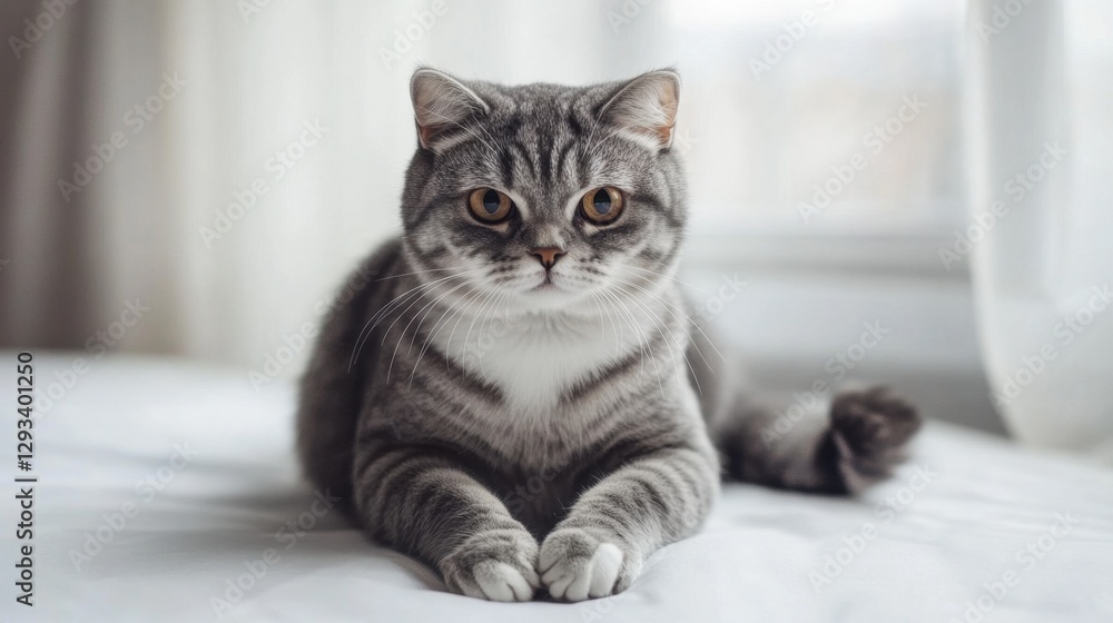 An adorable Scottish Fold cat sitting with its belly exposed, looking slightly grumpy yet irresistibly cute on a white surface. An adorable Scottish Fold cat sitting with its belly exposed, looking slightly grumpy yet irresistibly cute on a white surface.