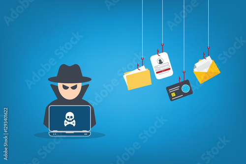 Hacker with laptop computer stealing confidential data, personal information and credit card detail. Hacking concept.