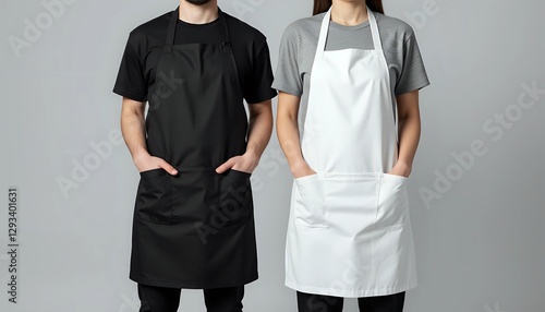 Couple Wearing Black and White Aprons on Grey Background