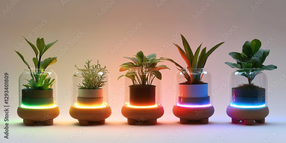 Five Small Potted Plants with Colorful LED Lighting in Glass Terrariums Five Small Potted Plants with Colorful LED Lighting in Glass Terrariums