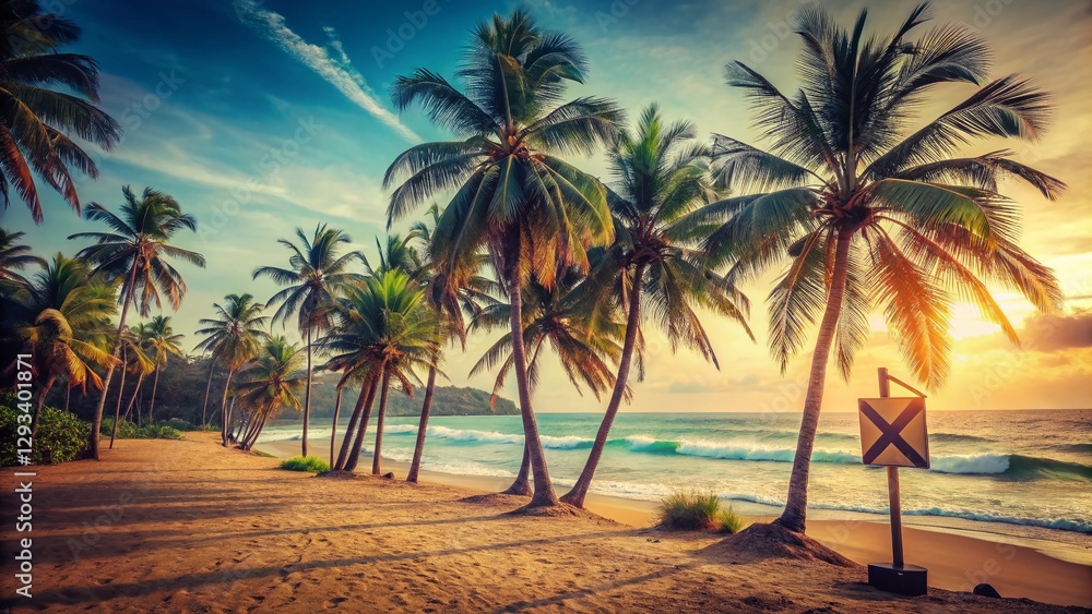 Obraz premium Tropical Beach Summer Vacation: Surfing Paradise Coconut Palm Trees Vintage Landscape