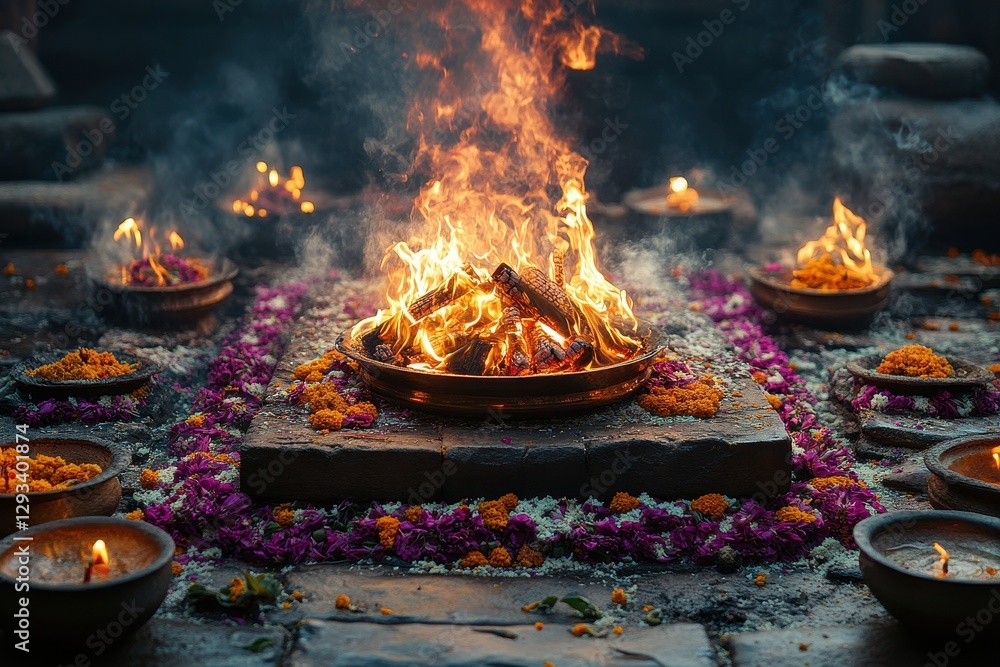 Fototapeta premium Traditional Hindu ritual fire ceremony taking place in a beautifully decorated courtyard at dusk