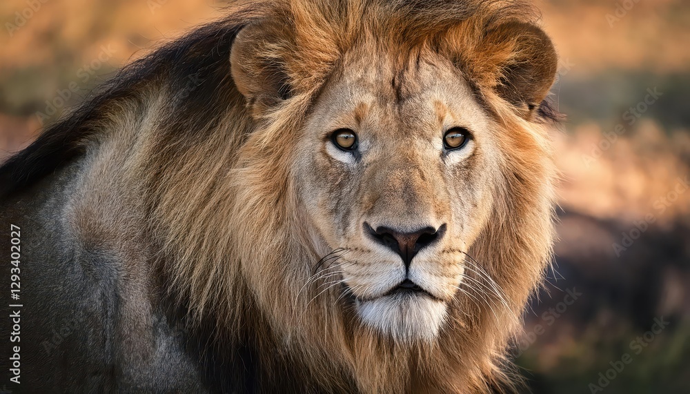 CloseUp of an African Lion in Serengeti Savannah, Majestic Stare Radiating Power and Confidence Under Golden Hours CloseUp of an African Lion in Serengeti Savannah, Majestic Stare Radiating Power and Confidence Under Golden Hours