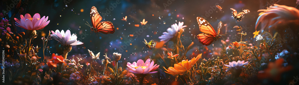 A close-up of a blooming flower garden with butterflies and bees hovering around. A close-up of a blooming flower garden with butterflies and bees hovering around.