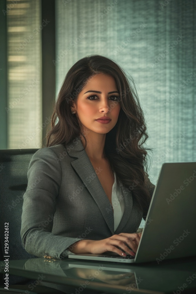 A woman in a business suit working on her laptop in an office setting, focused on work tasks. A woman in a business suit working on her laptop in an office setting, focused on work tasks.