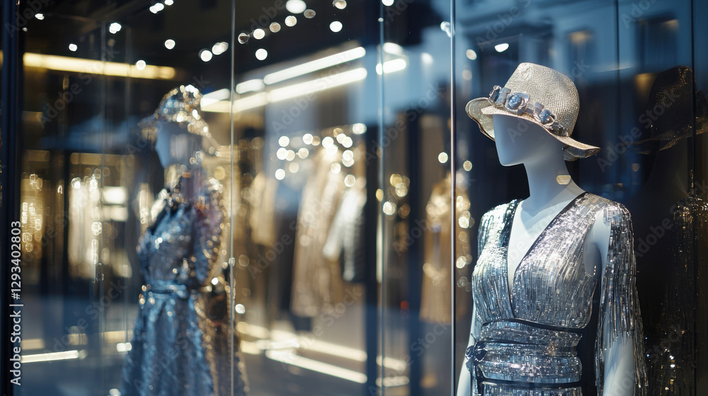 Fototapeta premium Silver Sequin Dress Mannequin in Shop Window - Sequin/Glitter