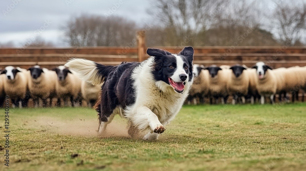 Border collie herding sheep on a farm in a sunny day Border collie herding sheep on a farm in a sunny day