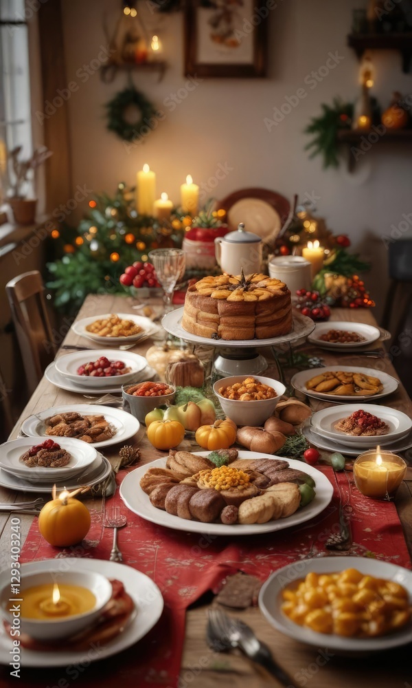 Warmly lit kitchen table with festive decorations and a delicious spread of food , autumnal colors, holiday feast Warmly lit kitchen table with festive decorations and a delicious spread of food , autumnal colors, holiday feast
