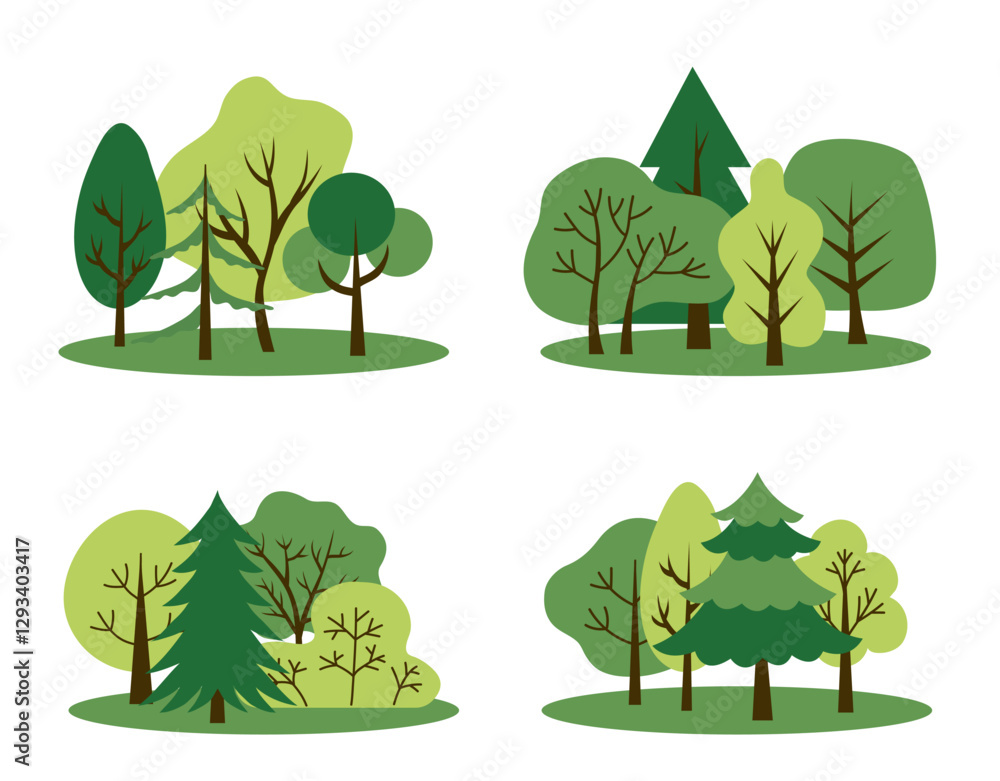 Vector trees set, isolated on a white background. Simple and flat design. Elements for a poster, banner, or card. Forest landscape. Trees icons
