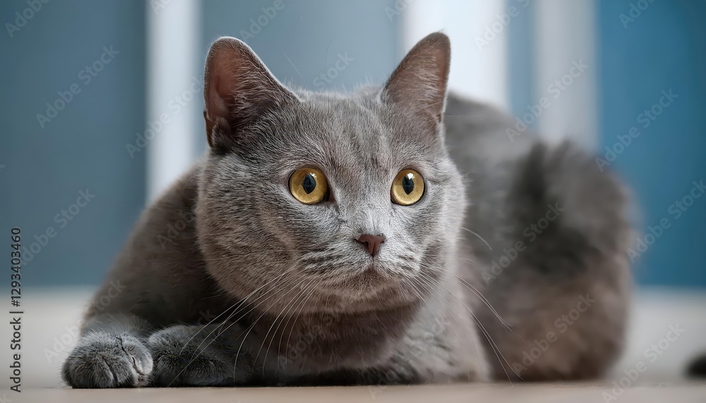 HighResolution CloseUp of a Gray Domestic Shorthaired Cat Lying Down in a Serene Atmosphere, Showcasing Soft Fur Textures and Deep Grey Tones, Capturing the Relaxed Vibes of a Cozy Home. HighResolution CloseUp of a Gray Domestic Shorthaired Cat Lying Down in a Serene Atmosphere, Showcasing Soft Fur Textures and Deep Grey Tones, Capturing the Relaxed Vibes of a Cozy Home.
