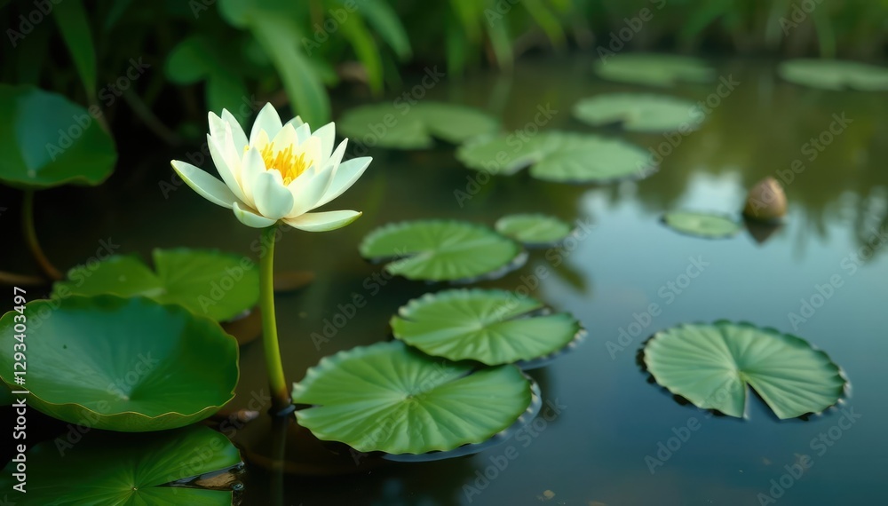 Water lily with long green stem and white flowers on a murky pond surface, vegetation, leafy Water lily with long green stem and white flowers on a murky pond surface, vegetation, leafy