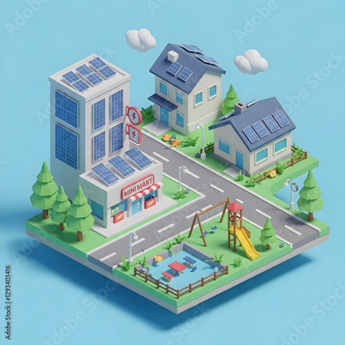 Sustainable Neighborhood  Eco Friendly Homes  Solar Panels  Mini Mart  Playground