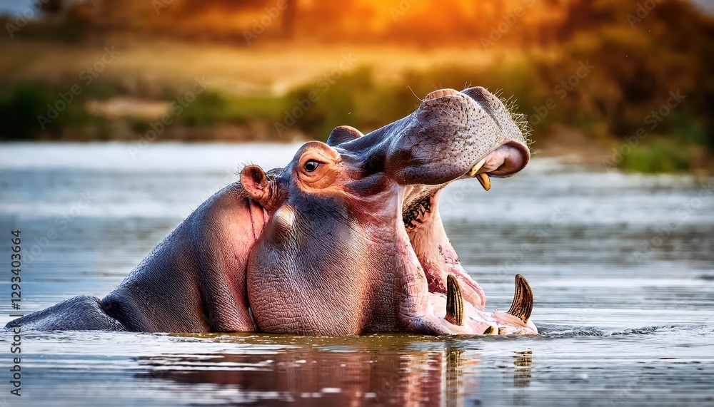 Closeup of a Widemouthed Hippo Hippopotamus amphibius in Water, Tanzania Majestic Creature Basking in Aquatic Bliss with Gaping Maw Closeup of a Widemouthed Hippo Hippopotamus amphibius in Water, Tanzania Majestic Creature Basking in Aquatic Bliss with Gaping Maw