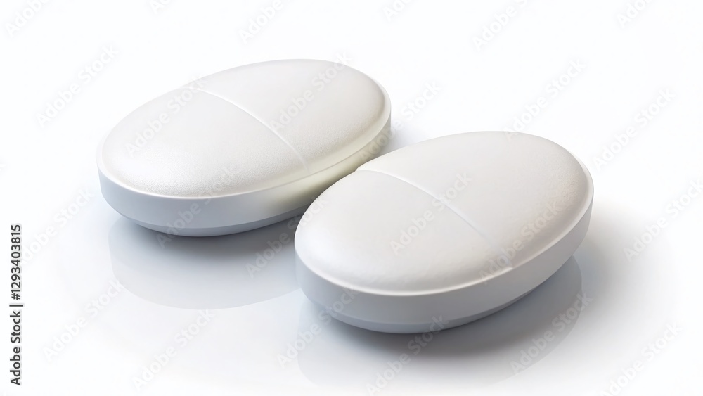 Two Oval White Tablets on White Background - Clean Minimalist Medical Pharmacy Concept Two Oval White Tablets on White Background - Clean Minimalist Medical Pharmacy Concept