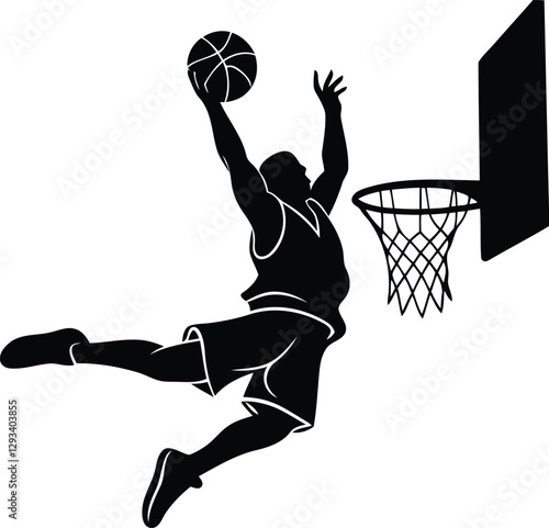 A basketball player performing a slam dunk isolated vector icon, basketball player performing a slam dunk silhouette and line art vector illustration design