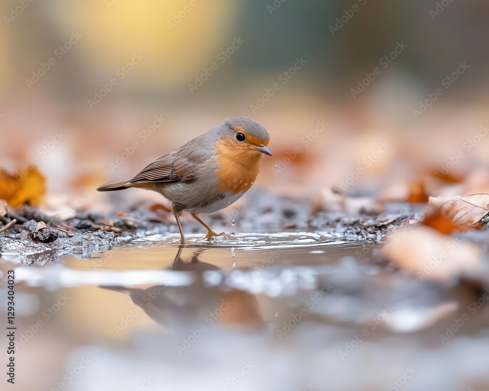 A robin drinking from a small puddle, ripples spreading outward in the golden light A robin drinking from a small puddle, ripples spreading outward in the golden light