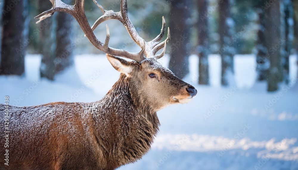 Fototapeta premium Majestic Deer with Snowy Antlers in Winter Forest Scene A Frosty Wonderland of Tranquility and Enchantment Additional description Ideal for digital art, home decor, or design inspiration