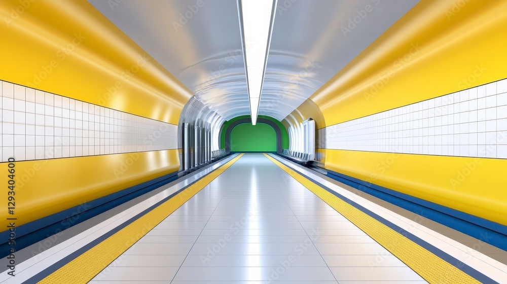 Long Perspective of a Bright Yellow Subway Tunnel with Blue and Green Accents Long Perspective of a Bright Yellow Subway Tunnel with Blue and Green Accents