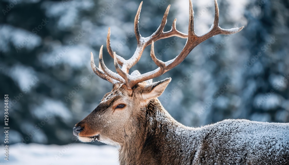 Majestic Deer Against a Snowy Winter Forest Backdrop CloseUp of Antlers Glowing against a Frosty Landscape, Capturing the Purity and Tranquility of a Winter Wonderland. Majestic Deer Against a Snowy Winter Forest Backdrop CloseUp of Antlers Glowing against a Frosty Landscape, Capturing the Purity and Tranquility of a Winter Wonderland.