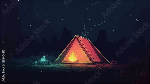 Digital illustration depicting a triangular tent illuminated from within by a campfire.  The tent is reddish-orange, with darker outlines suggesting fabric texture. A small, glowing teal light