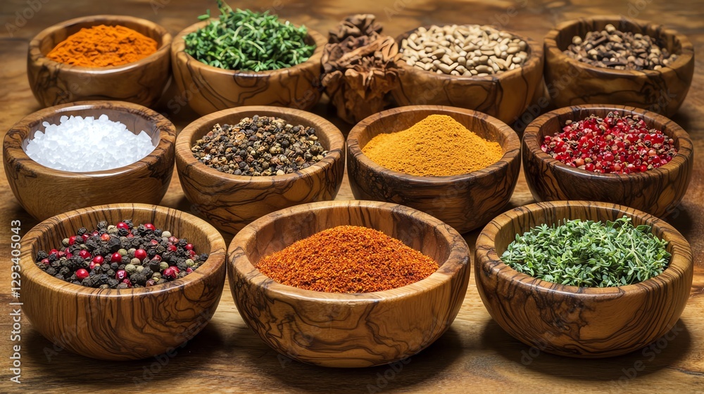 Assorted Spices and Herbs in Wooden Bowls on Rustic Wood Surface Assorted Spices and Herbs in Wooden Bowls on Rustic Wood Surface