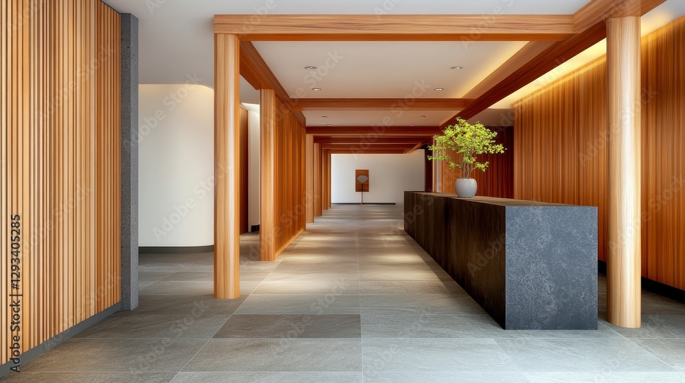 Modern Minimalist Hallway Interior with Dark Stone Reception Desk and Light Wood Walls