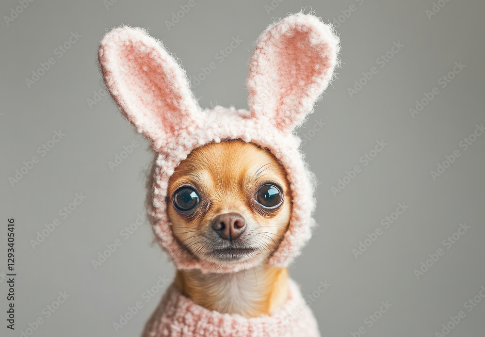 Portrait of a cute, funny Chihuahua dog wearing a bunny ears costume, isolated on a gray background with copy space for text. Portrait of a cute, funny Chihuahua dog wearing a bunny ears costume, isolated on a gray background with copy space for text.