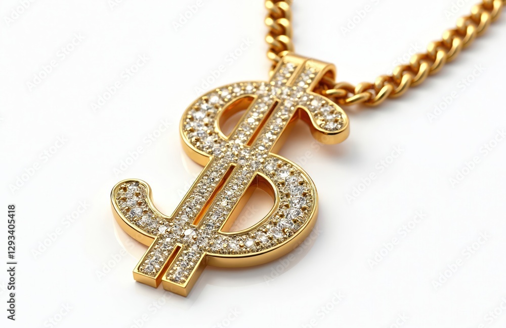 Luxury gold chain necklace featuring dollar sign pendant encrusted with diamonds. Stylish accessory wealth, fashion, glamour. Jewelry adds statement to look, isolated on white background, sparkles Luxury gold chain necklace featuring dollar sign pendant encrusted with diamonds. Stylish accessory wealth, fashion, glamour. Jewelry adds statement to look, isolated on white background, sparkles