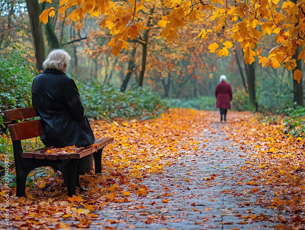 Fototapeta premium Senior Woman Sitting on Park Bench Admiring Fall Foliage Landscape