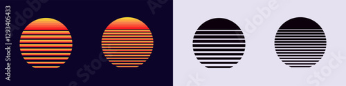 Two colorful ovals with horizontal stripes, mirrored by two black striped ovals on a split background.